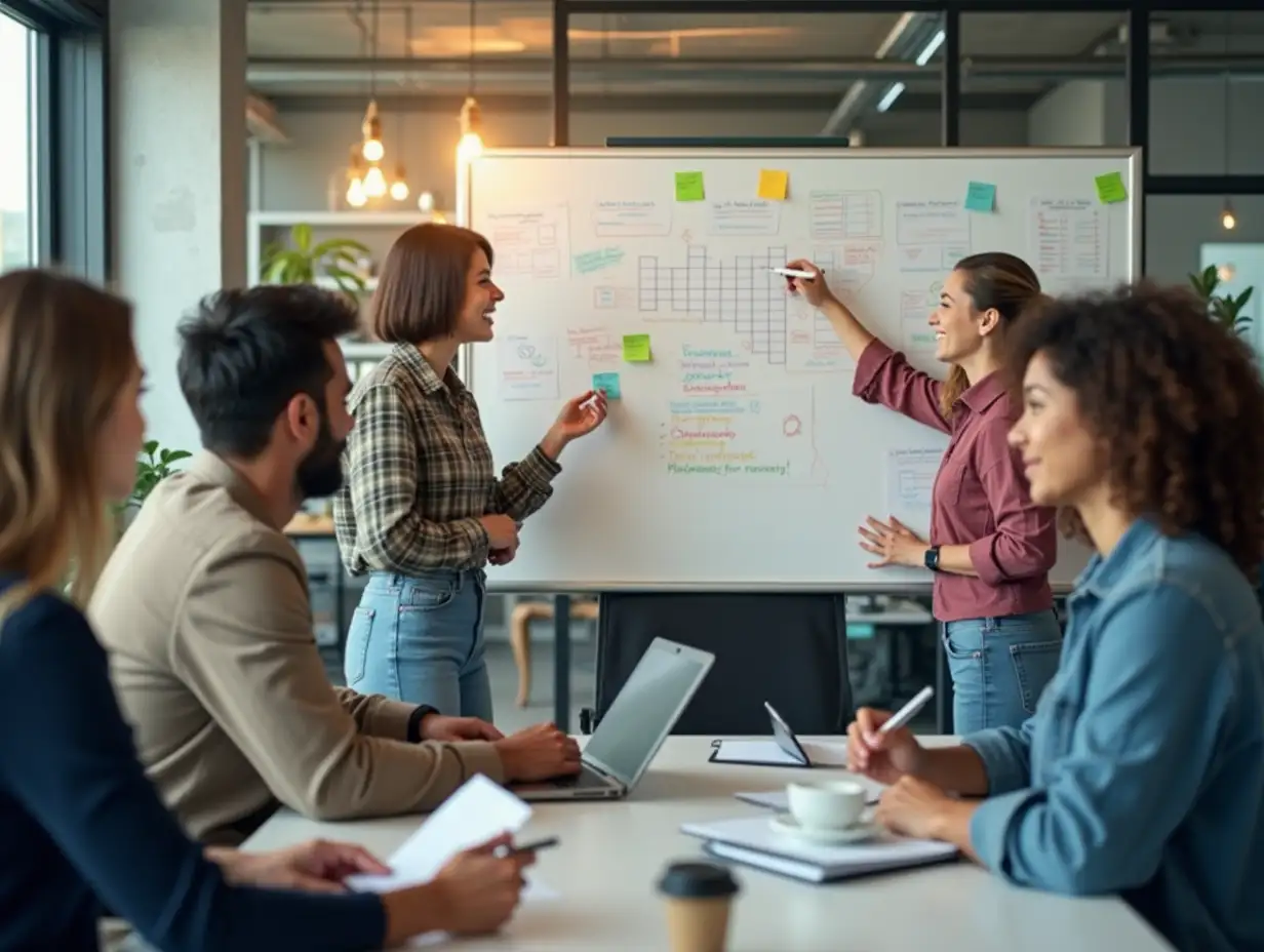 Group of diverse office worker employee take note and brainstorming on strategic business marketing planning with sticky note in office workspace. Positive and productive teamwork in workplace.Prudent