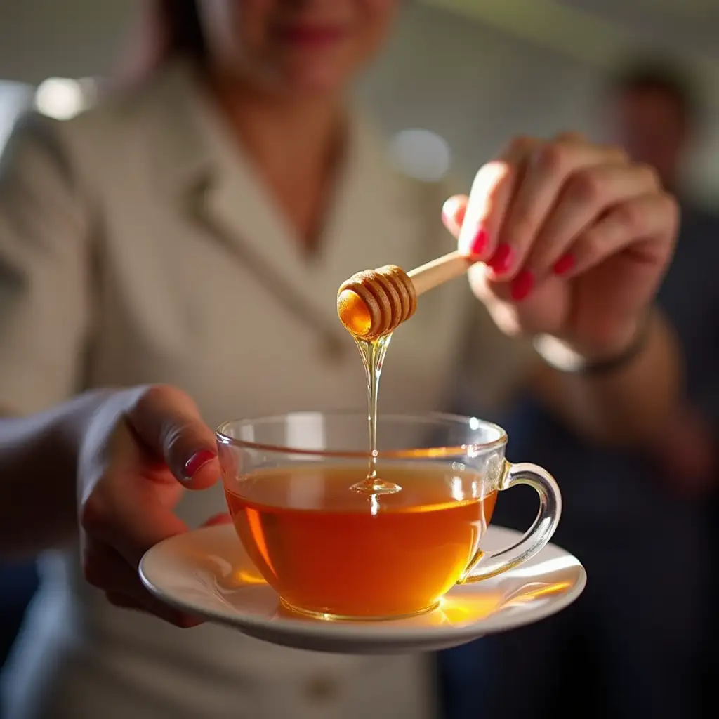 Airplane Stewardess Serving Honey Sticks with Tea