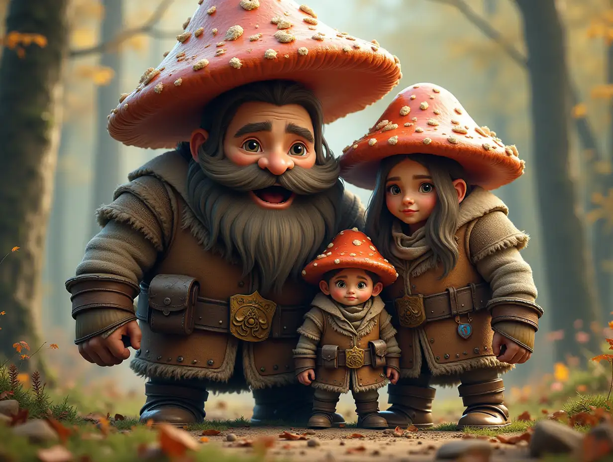 Ki-Fantasy family,Man,Woman, and Children, giant mushroom face with beard and with wooden armor equipment