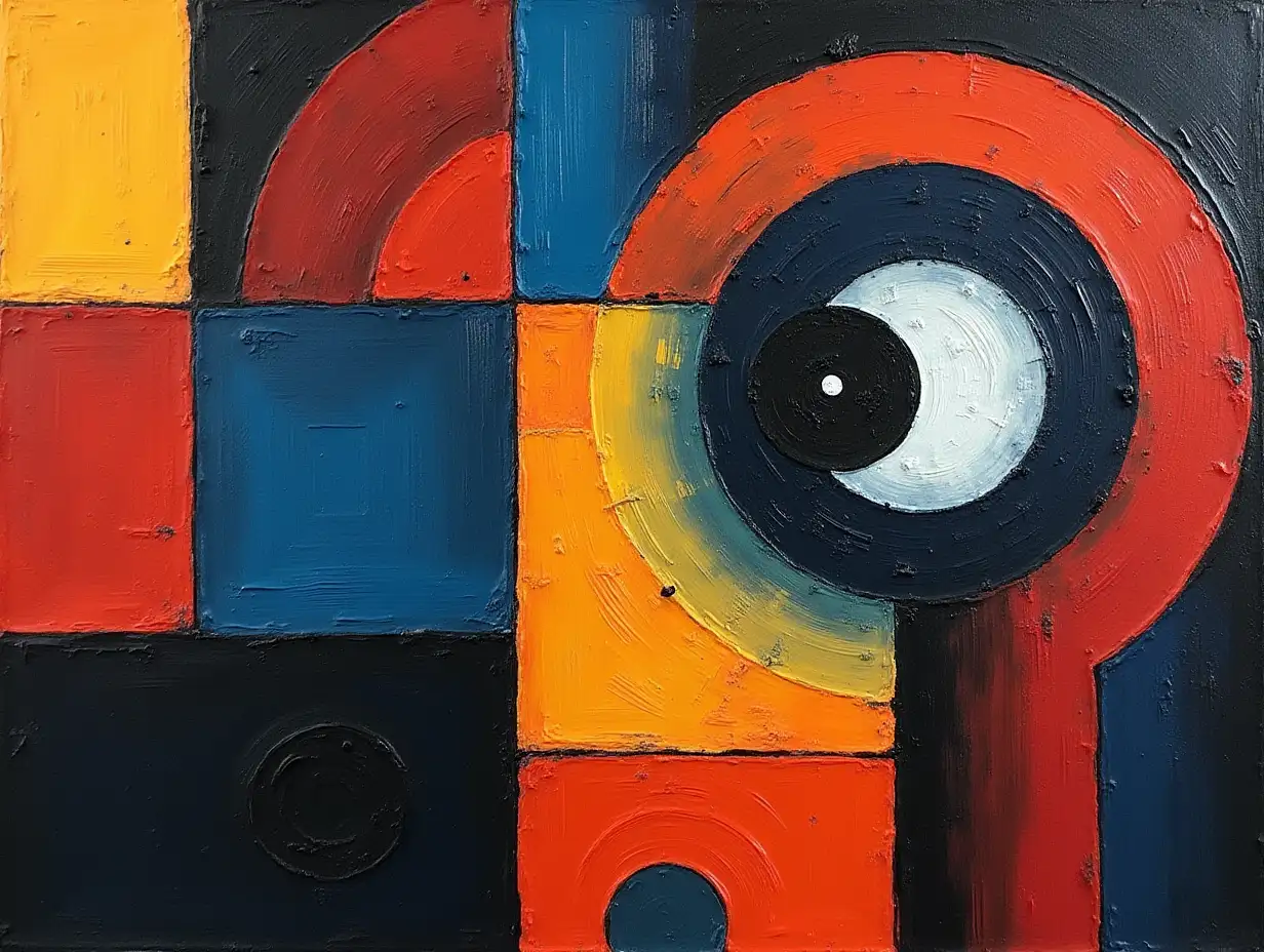 user_prompt: A picture in a checkered pattern, stripe, primitively schematic, minimalism, avant-garde, face, portrait, huge hovering eye, shadow, plasma, darkness in the style of Kandinsky, Malevich, minimalism, simplify for a beginner artist with acrylic many colors, constructivism abstract, gloomily
