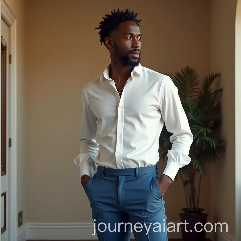 Handsome-African-American-Man-in-White-Shirt-and-Blue-Trousers-at-Luxurious-House