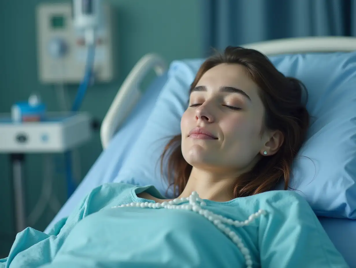 Tired calm woman resting after surgical intervention in hospital bed in surgery, connected to intravenous line, against blurred background of medical devices