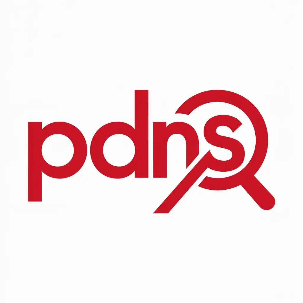 a logo design,with the text "PDNS", main symbol:Magnifying glass, color red,Moderate,be used in Internet industry,clear background