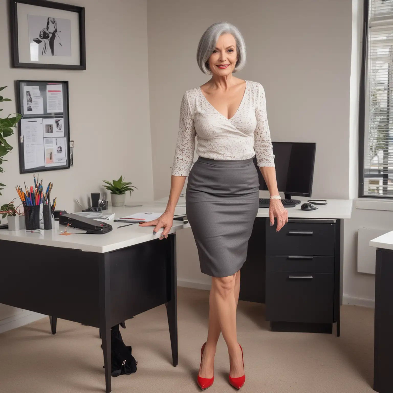 Elegant Senior Woman in Office Attire with Louboutin Stilettos