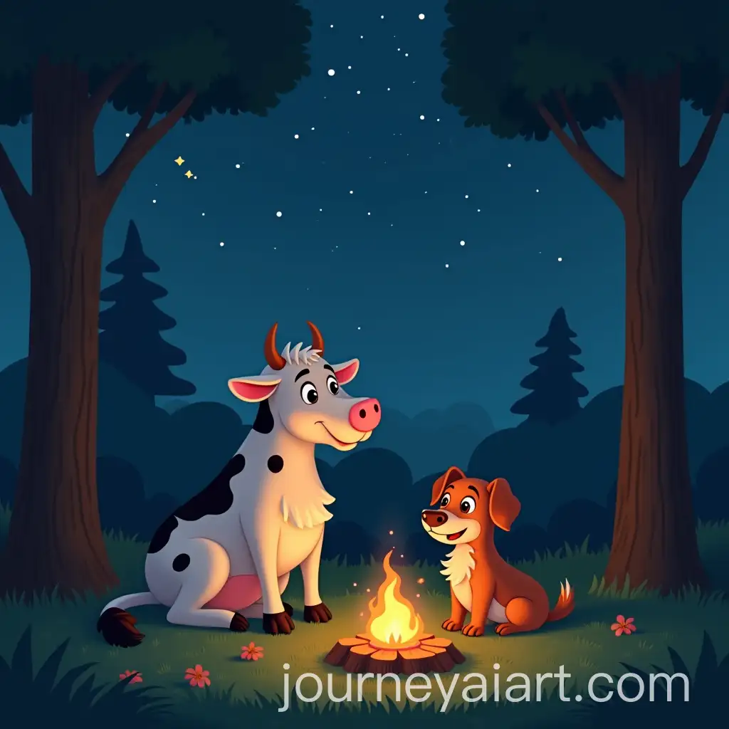 CowAI-Art-Prompt-Expansion-and-Dog-Sitting-by-the-Campfire-in-Playrix-Style-Illustration-at-Night