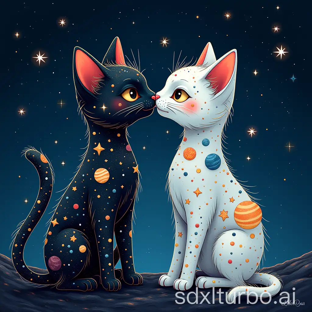 Whimsical-Cats-Nose-to-Nose-in-Cosmic-Night-Sky