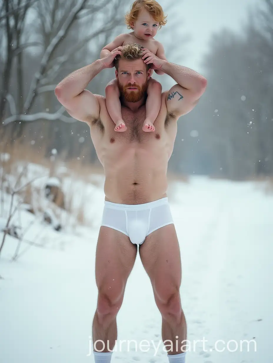 Strong-GingerBearded-Father-Lifting-Son-in-Snowy-Landscape