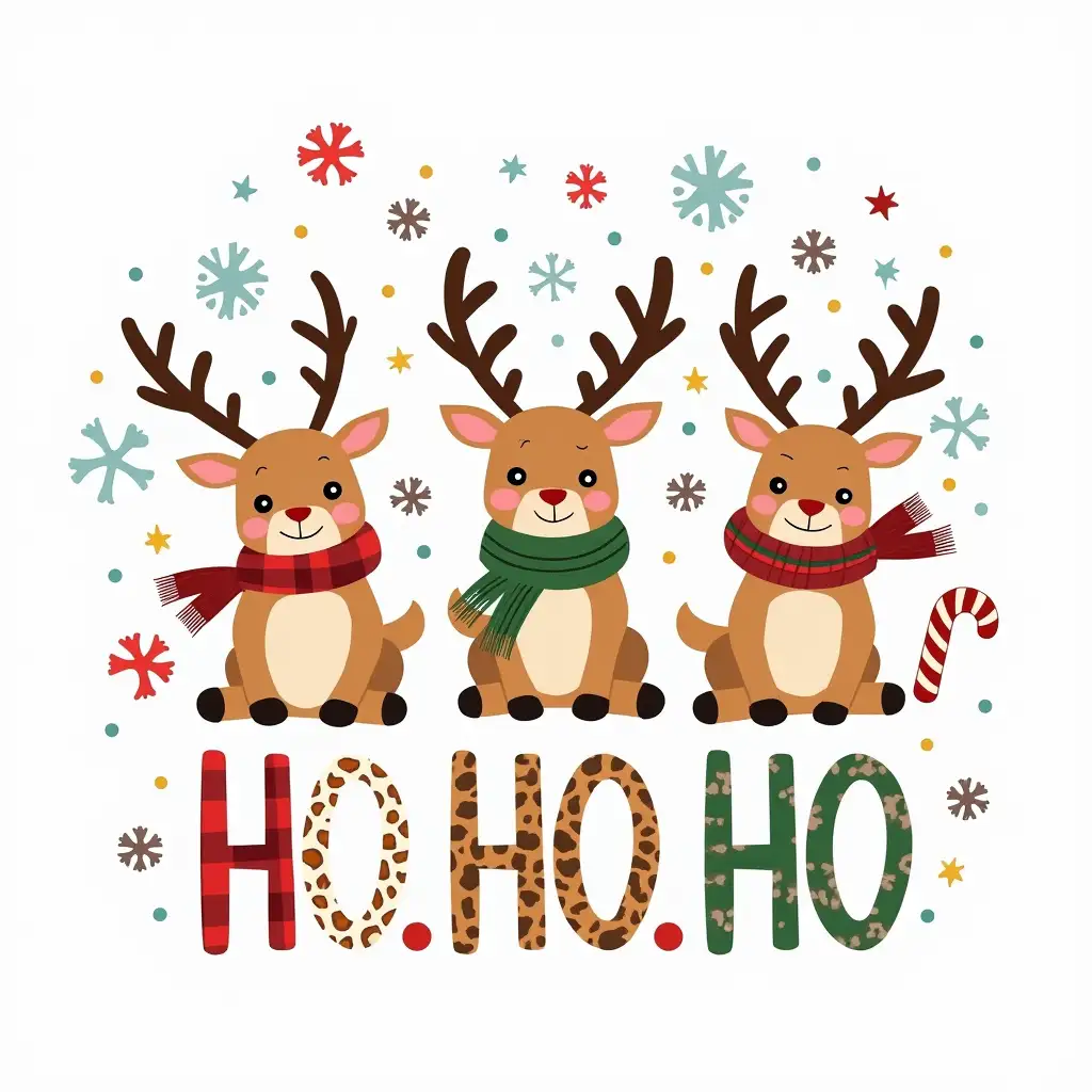 Create a festive, Christmas-themed image featuring three reindeer wearing colorful scarves and antlers. The reindeer should have playful expressions and be surrounded by snowflakes, ornaments, and a candy cane. The phrase 'HO HO HO' should be written boldly in a festive font, with each 'HO' decorated in a different pattern (plaid, leopard print, and stripes).