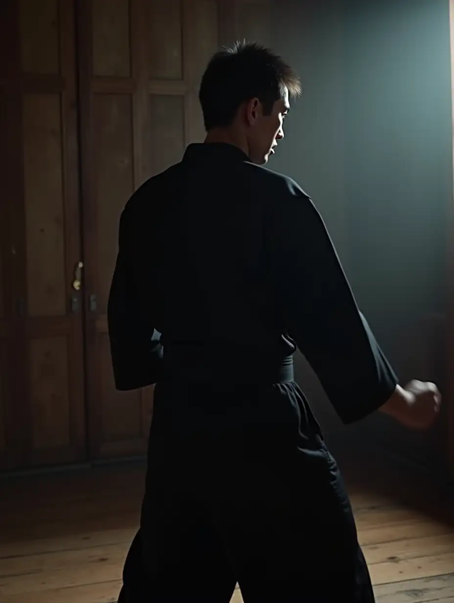 Japanese-Karate-Practitioner-in-Black-Gi-Ready-to-Fight-in-Cinematic-Side-View