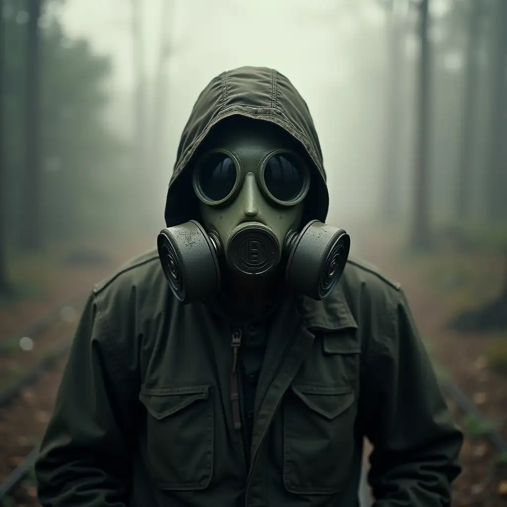 standing with a gas mask on after an apocalypse