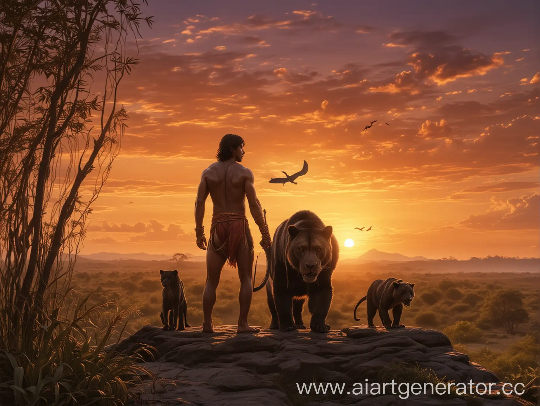 Mowgli-Man-with-Panther-Bear-and-Anaconda-at-Sunset