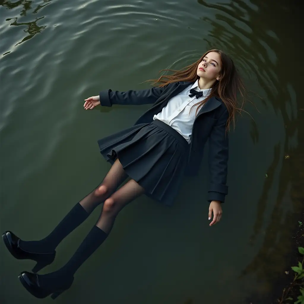 A young schoolgirl in a school uniform, in a skirt, jacket, blouse, dark tights, high-heeled shoes. She is swimming in a dirty pond, lying underwater, all her clothes are completely wet, wet clothes stick to her body, the whole body is underwater, submerged in water, under the surface of the water, below the water's edge.