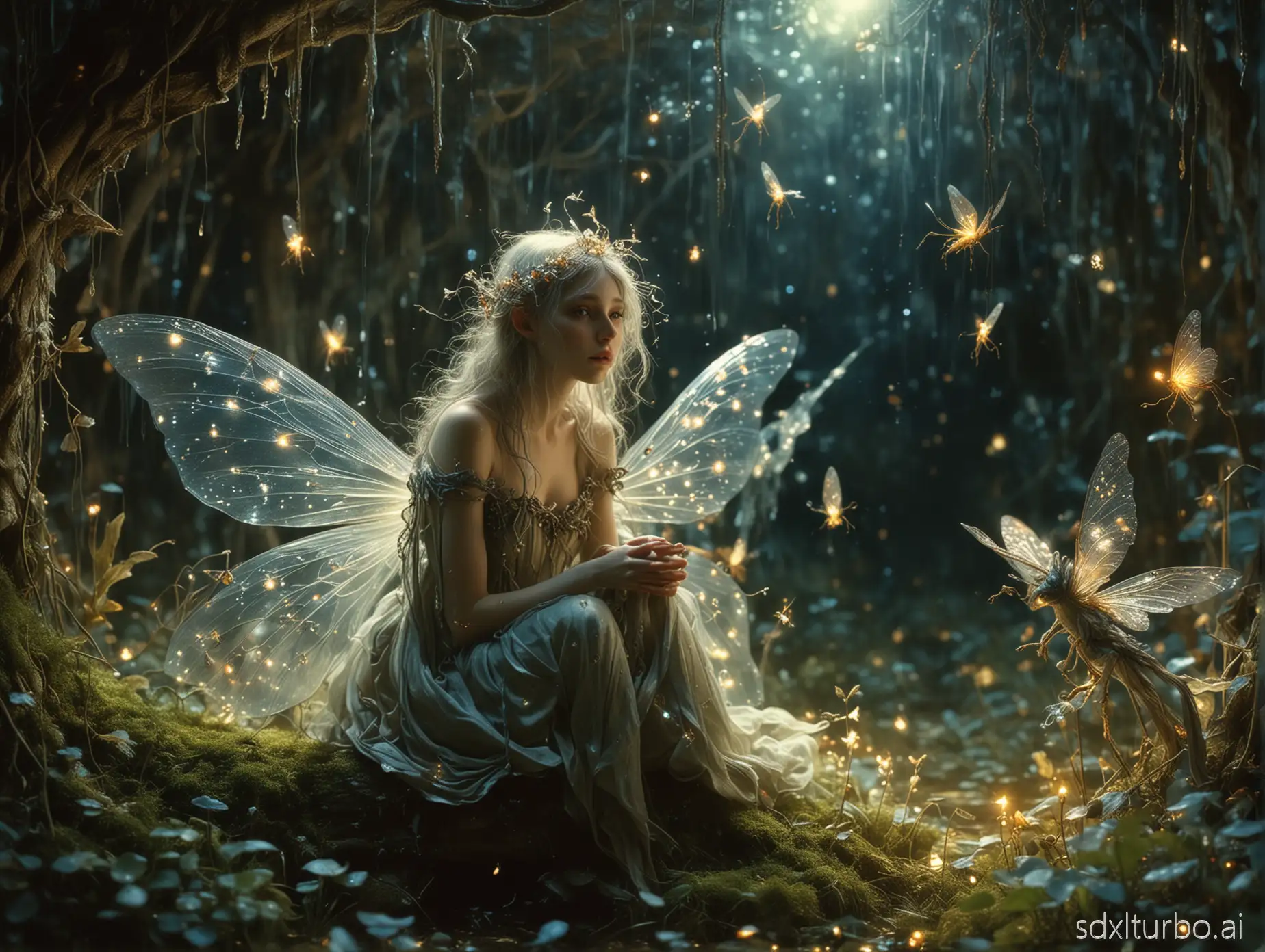 Surreal whimsical fairies and eerie creatures occupy a dreamlike atmosphere in a close-up photograph, intricate details and magical lighting enhancing their ethereal presence, fantasy concept art by Brian Froud and Alan Lee with vibrant colors, mystical ambiance, shot on Kodak Gold 400, 8k resolution, fairy dust, fireflies