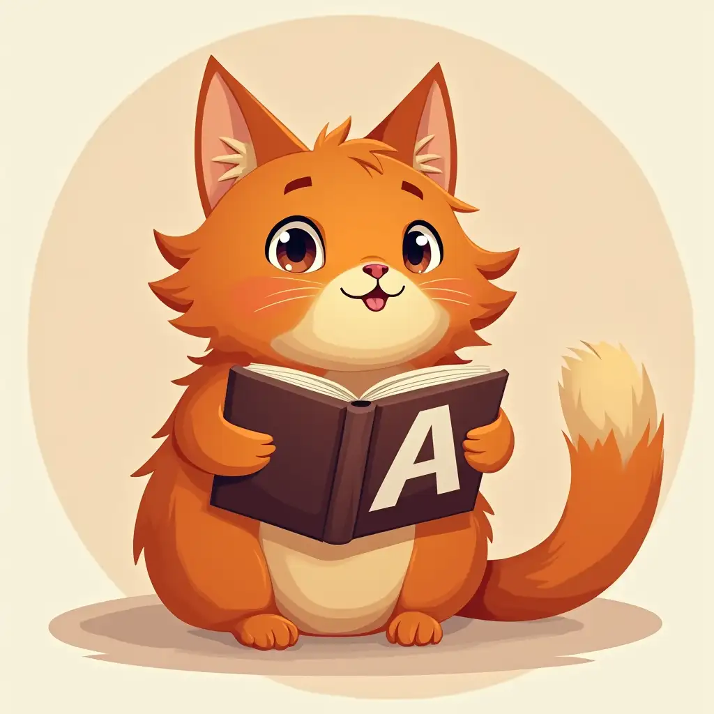 fluffy redhead cat, holding a book with large litera 'A' on the cover, simple rim background