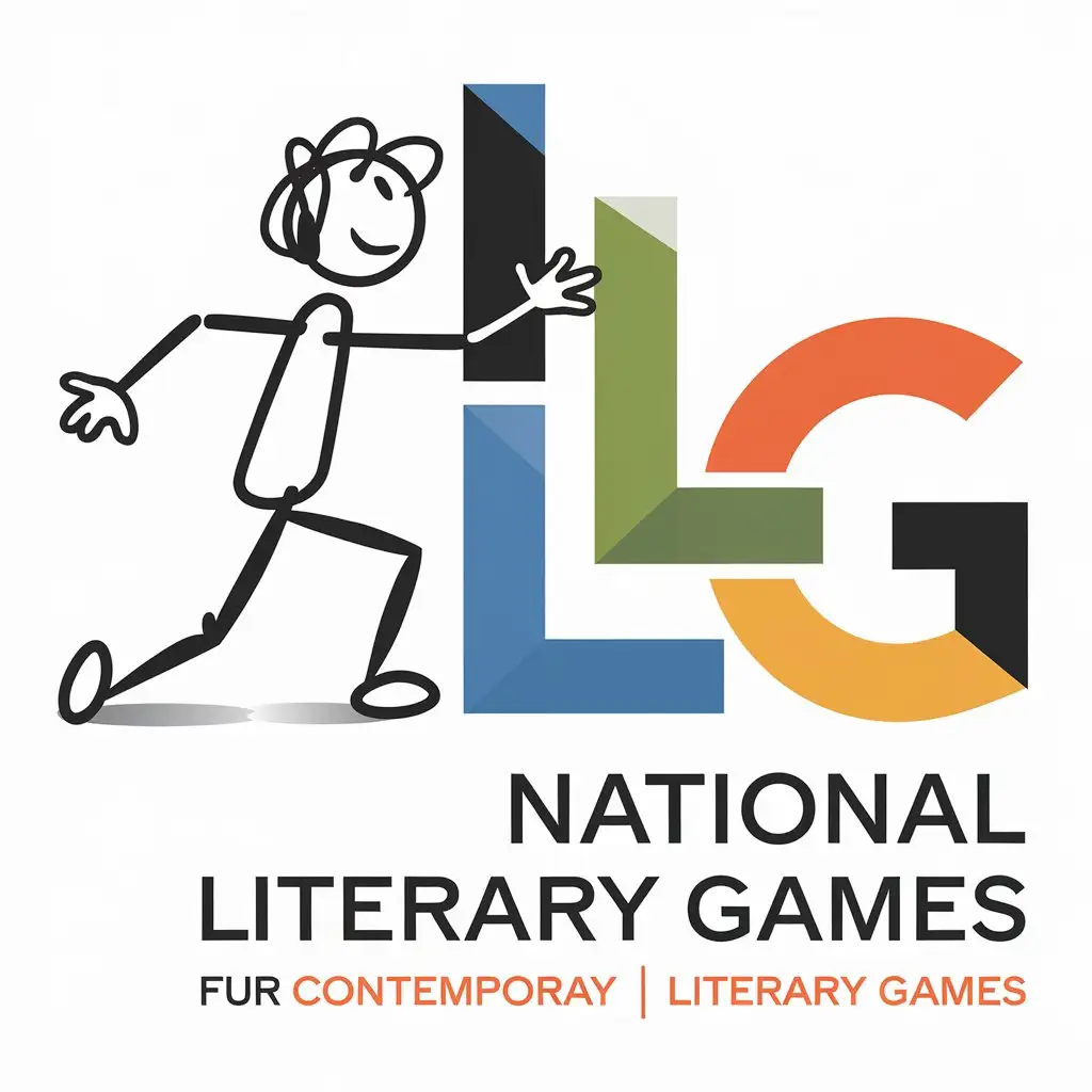 Design a contemporary style logo for National Literary Games depicting stick-figure-inspired youth in dynamic poses, interacting with large-scale 3D letters. The figures should be simplified to basic shapes, suggesting movement and cooperation. Use playful but professional colors (maximum 4) that pop against a white background. Typography for title:NLG Subtitle: 'National Literary Games' should be structured and authoritative. Overall composition must work in both color and monochrome.