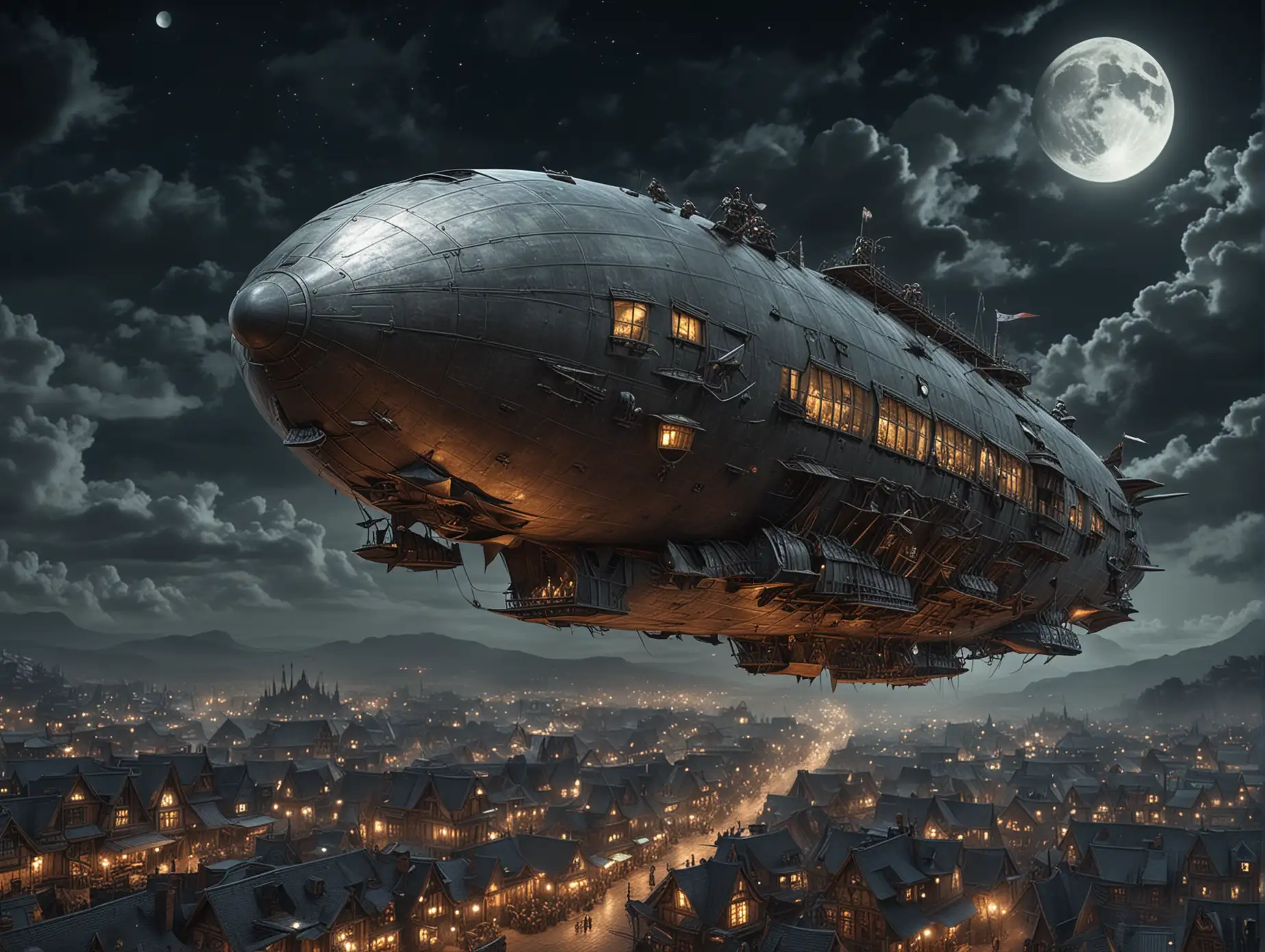 A very big, sleek, fabulous metal airship with an open upper deck flies over a orc town at night. The full moon shines in the sky. There is a large glass window in the nose.