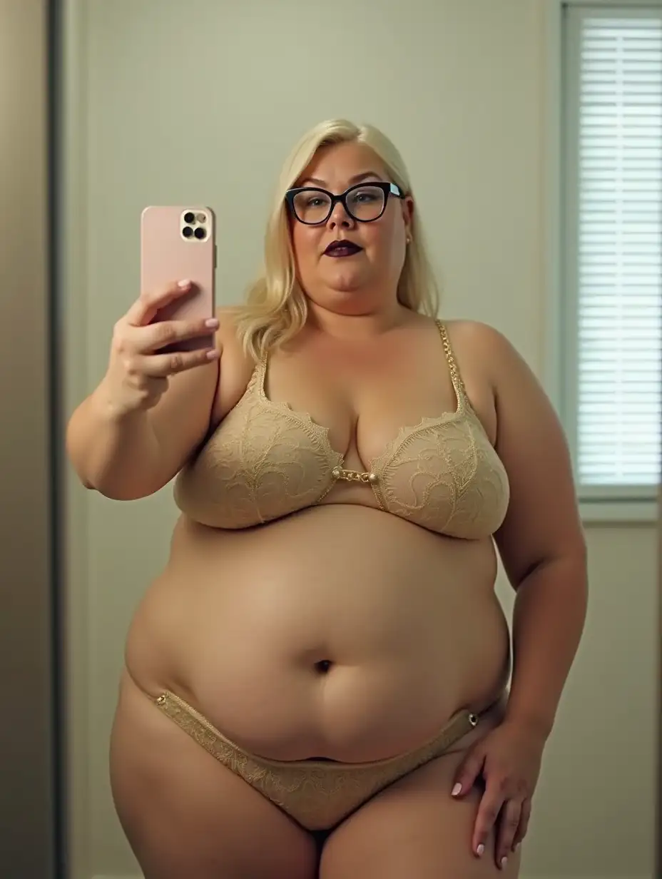 A full-body mirror selfie taken from a first-person perspective. An OBESE 70 years old woman stands facing in front of the mirror, (VERY THIN AND SMALL golden Hi-Cut chain Bikini Underwear Slingshot, glasses, DARK LIPSTICK, cellulite,). Her platinum blonde hair falls over her shoulders. She holds a phone outstretched, capturing her reflection. The hand with the phone hides her face. (The fitting room for clothes in a store is bright with a light featuring white blinds in the background.), The mirror frame and wall are visible, creating an intimate bathroom setting., (day lighting), HD, vivid colors, detailed portrait. No fogging, 8k, ultra hd photorealistic full height 8k, 