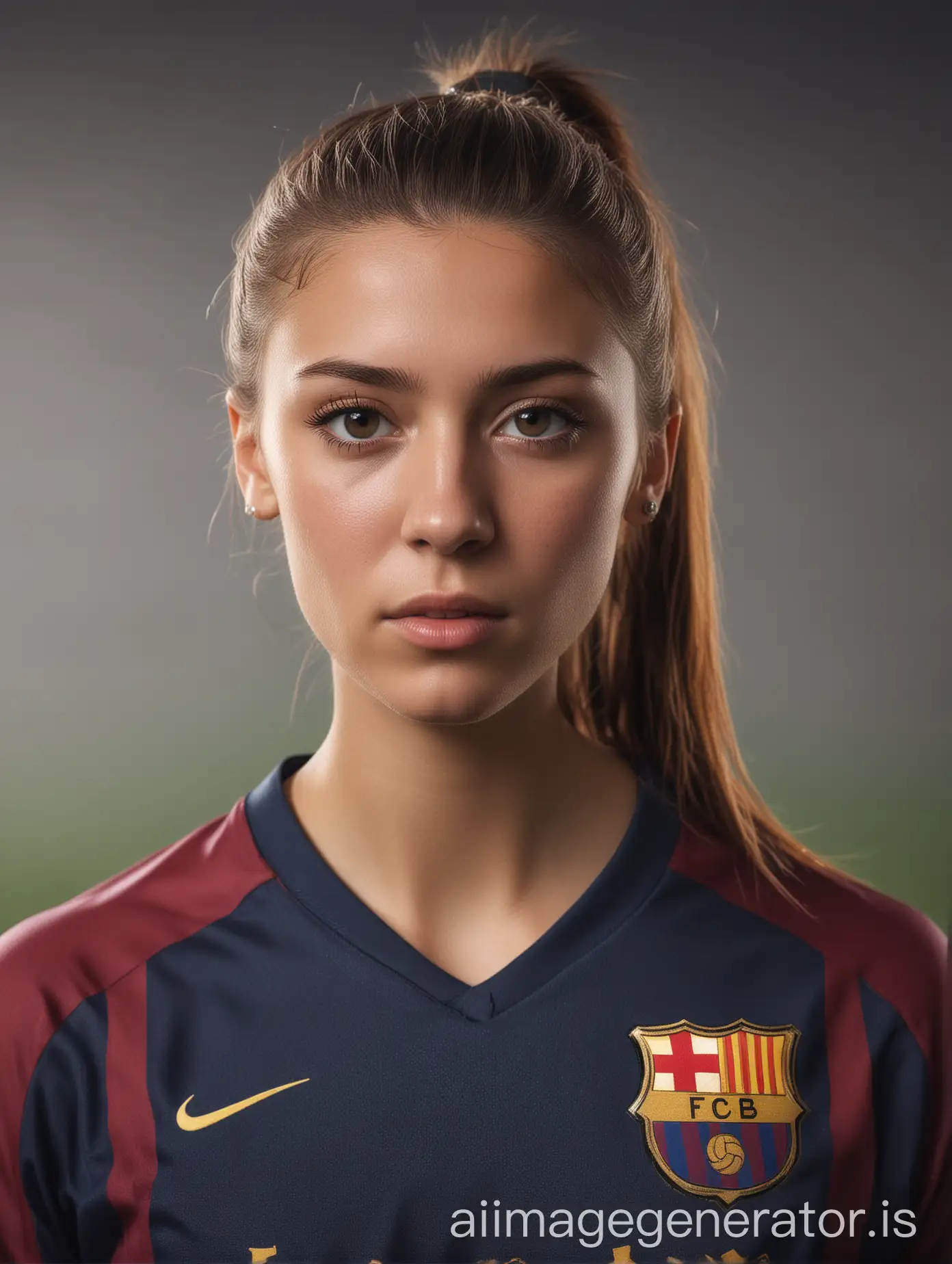 professional portrait photograph of a pretty athletic female twenty-year-old football player in football FC Barcelona jersey, written L. MARIA, number seven, with a ponytail garnet-colored hair, (serious and sad look), light gray eyes, beautiful symmetrical face, mixed skin, natural skin, muscular body, stunning modern stadium upscale environment, ultra realistic, elegant, highly detailed, intricate, sharp focus, depth of field, f/1.8, 85mm, medium shot, mid shot, (centered image composition), (professionally color graded), (bright soft diffused light), volumetric fog, trending on instagram, trending on tumblr, hdr 4k, 8k