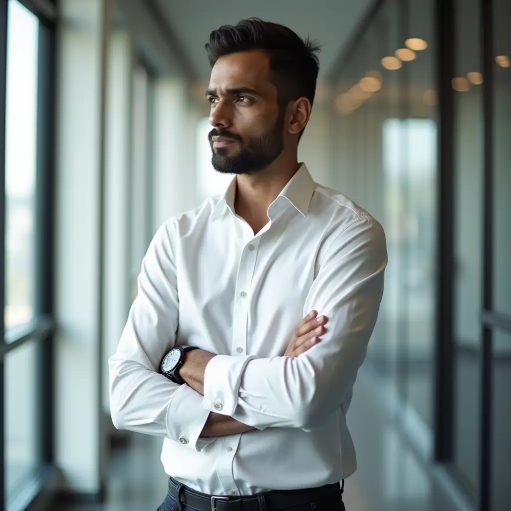 An Indian corporate professional standing thoughtfully, wearing a crisp white shirt with rolled-up sleeves and dark trousers, without a blazer. He has a clean-shaven face and short, neatly combed hair. The background is a minimalist office space with subtle natural light streaming in through a window, creating a professional yet approachable atmosphere. His expression is contemplative, as if deep in thought about an innovative idea or a challenging work problem. The scene conveys a mix of determination and introspection.