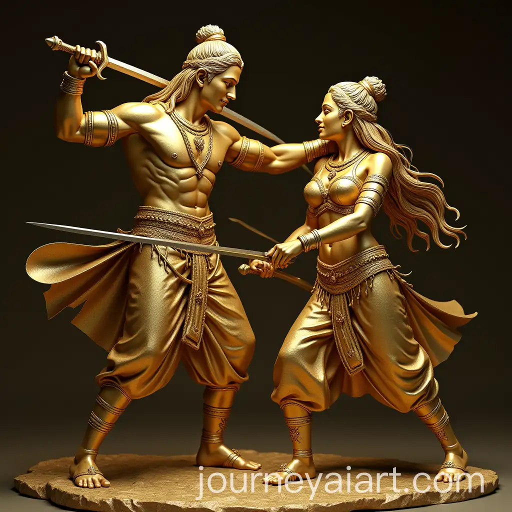 Indian-Male-and-Female-Warriors-in-Gold-Sculpture-Symbolizing-Strength-and-Love