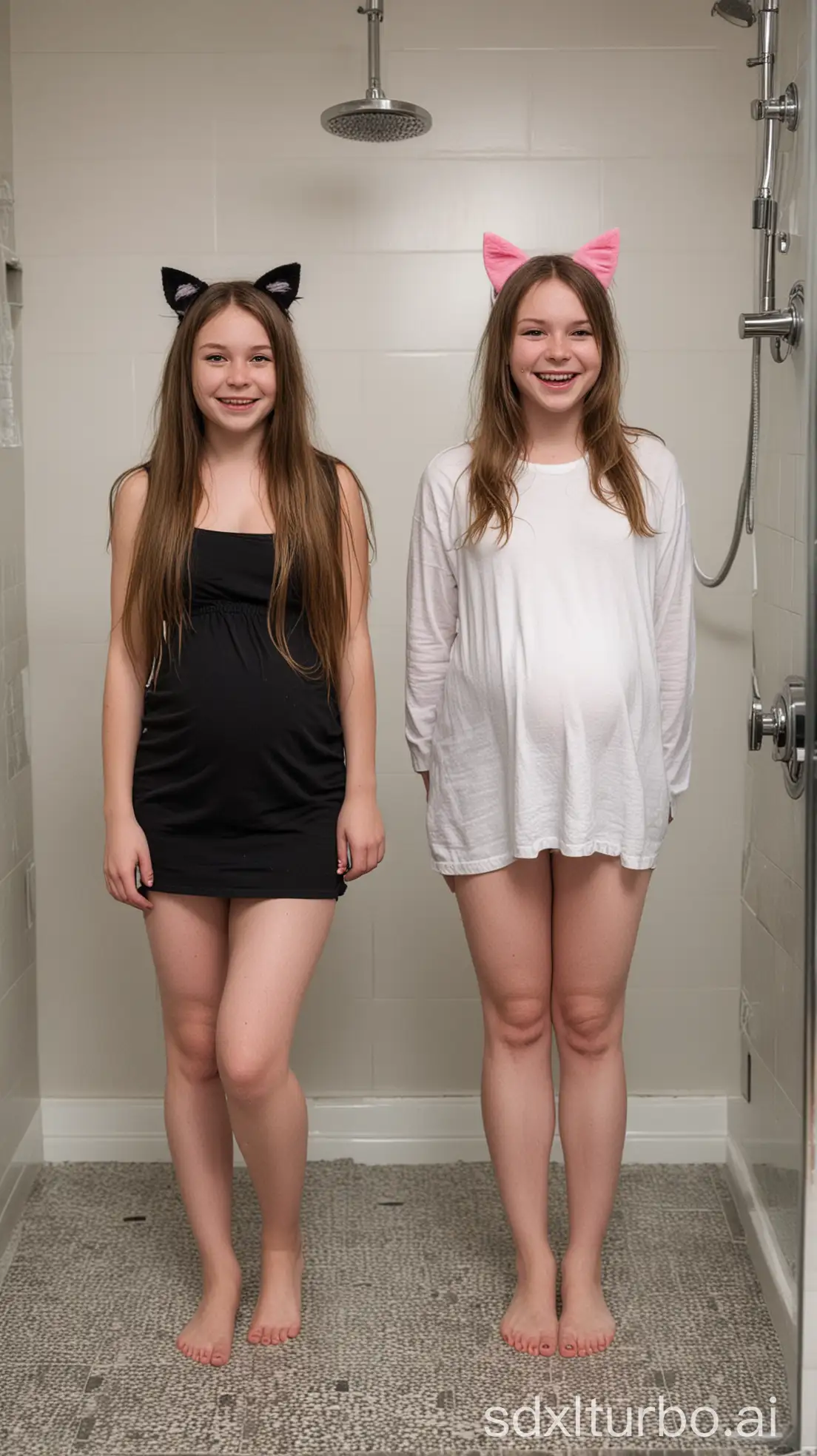 Pregnant-Northern-Mother-and-Teen-Daughter-with-Cat-Ears-Smirking-in-Shower