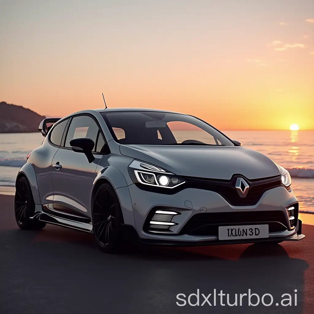 Clio 4rs phase 2 body kit in front of the beach at sunset