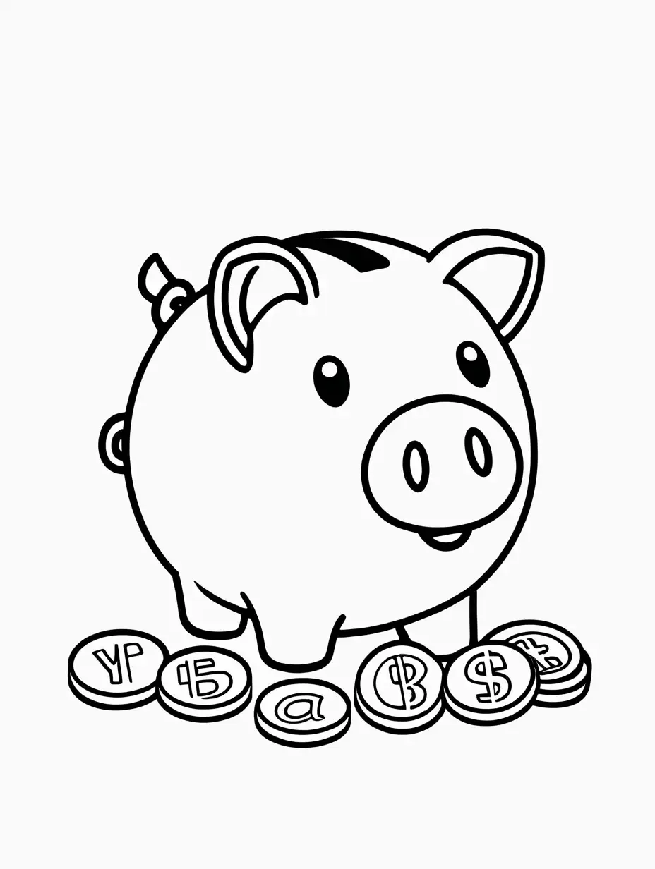 Very easy coloring page for 3 years old toddler. simple. piggy bank with coin. Without shadows. Thick black outline, without colors and big details. White background.