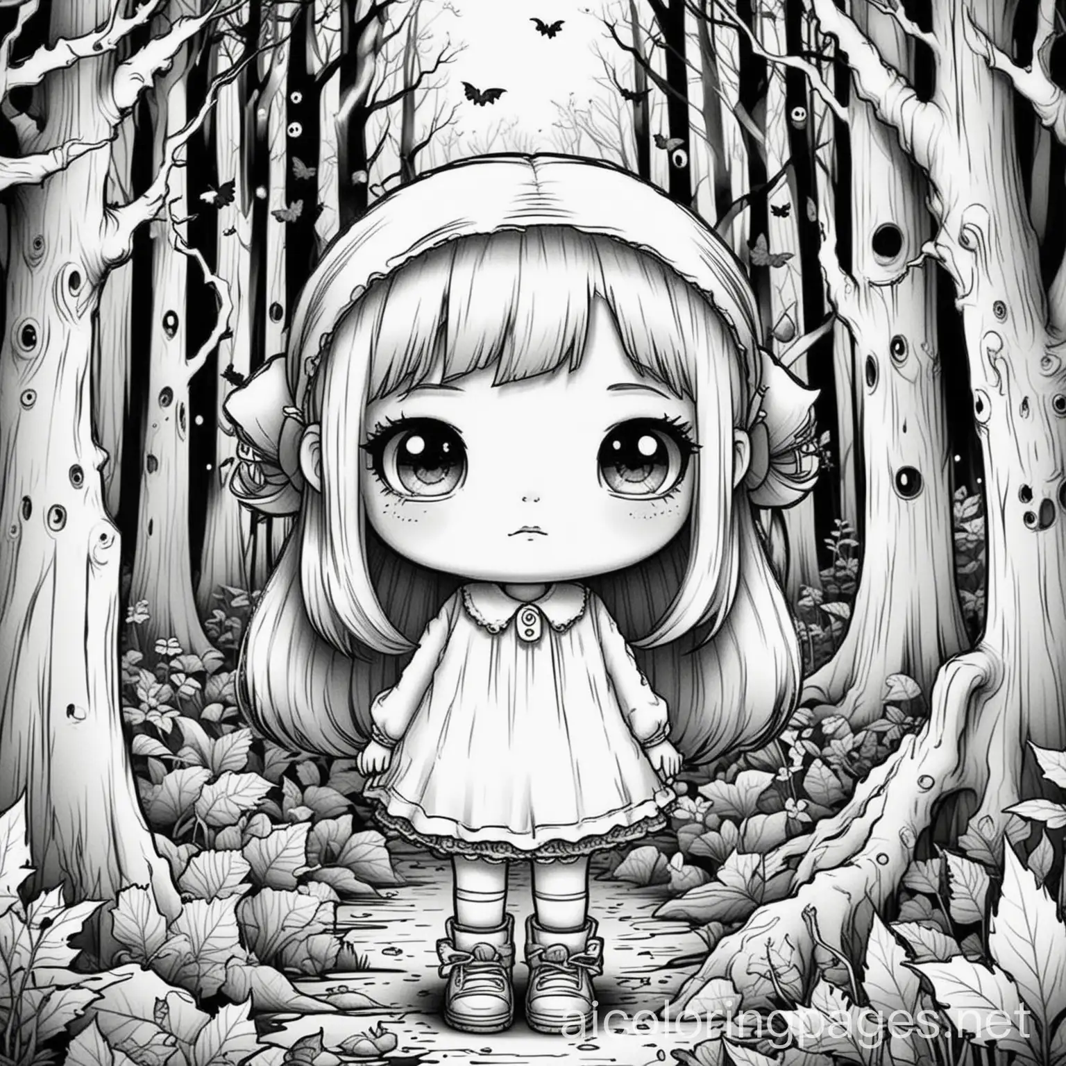 Creepy-Cute-Style-Kawaii-Girl-in-Spooky-Forest-Coloring-Page