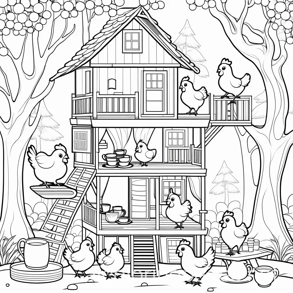 Chickens-Enjoying-a-Tea-Party-in-a-Treehouse-Coloring-Page