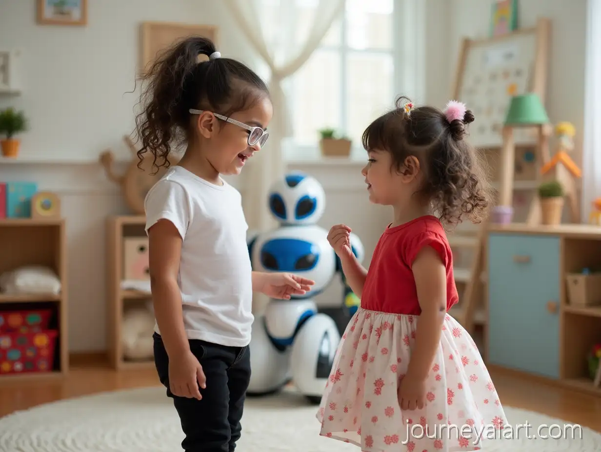 Two-Sisters-Playing-with-a-Blue-and-White-Robot-in-a-Playroom