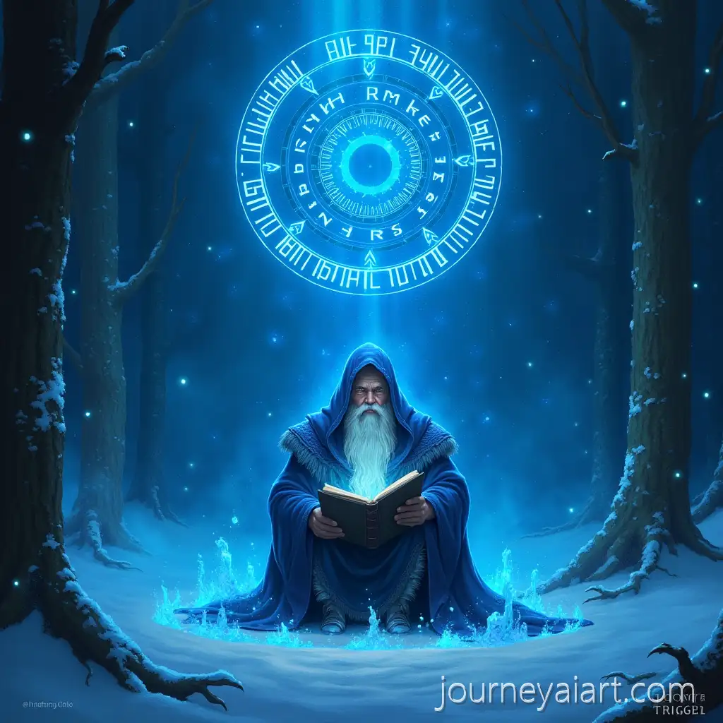 Nordic-Mystical-Scholar-in-Snowy-Ancient-Library-with-Glowing-Blue-Runes