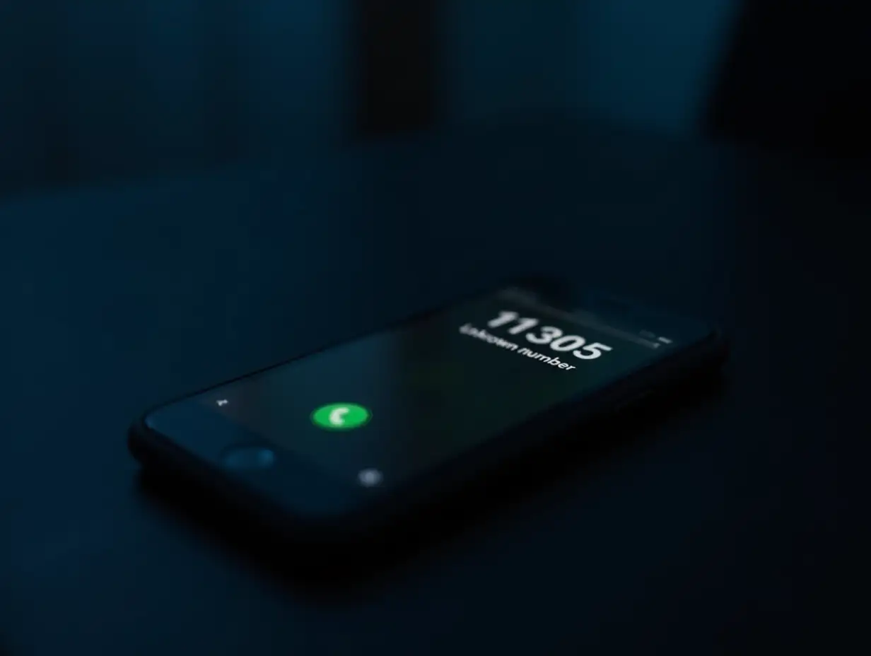 An incoming call marked 'Unknown number' is displayed in close-up on the phone screen. The phone is lying on a dark table, illuminated by a subdued, slightly bluish light reflecting the atmosphere of tension. The phone screen glows brightly against the background of the surrounding darkness, focusing on an unknown number. The camera is stationary, emphasizing the mystery and anxiety of an unexpected call.