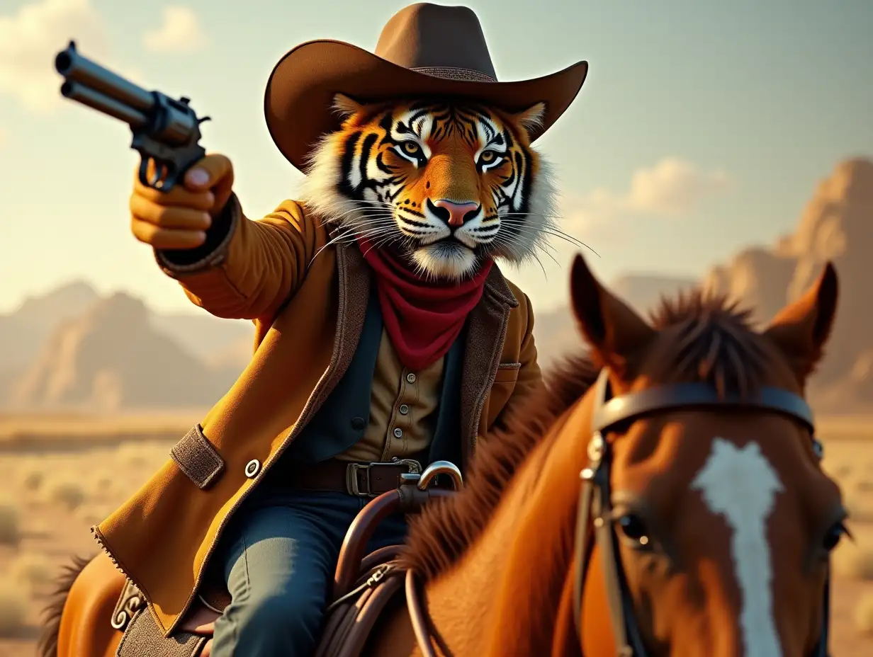 A tiger dressed as a cowboy holds a revolver in one paw while riding a horse