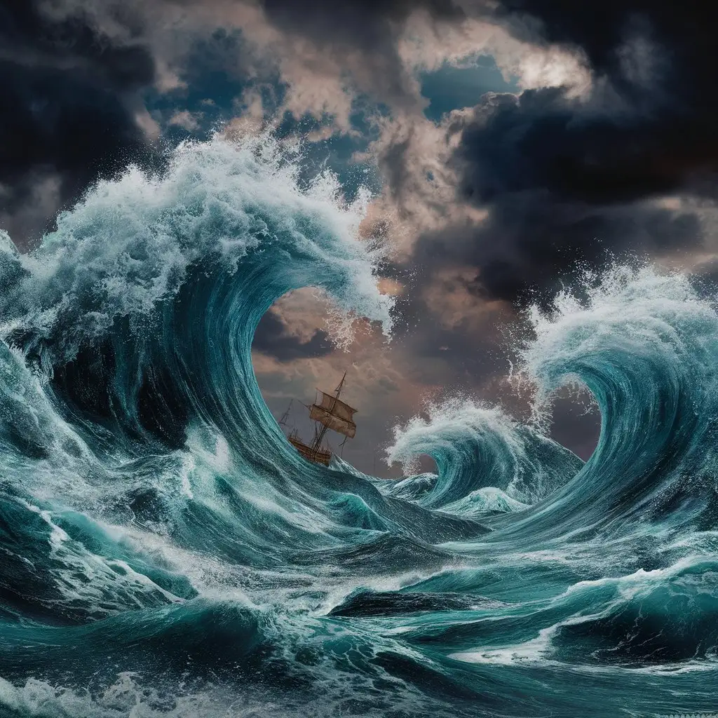 the waves crashing the sky's angry, 3d realistic, fantasy style