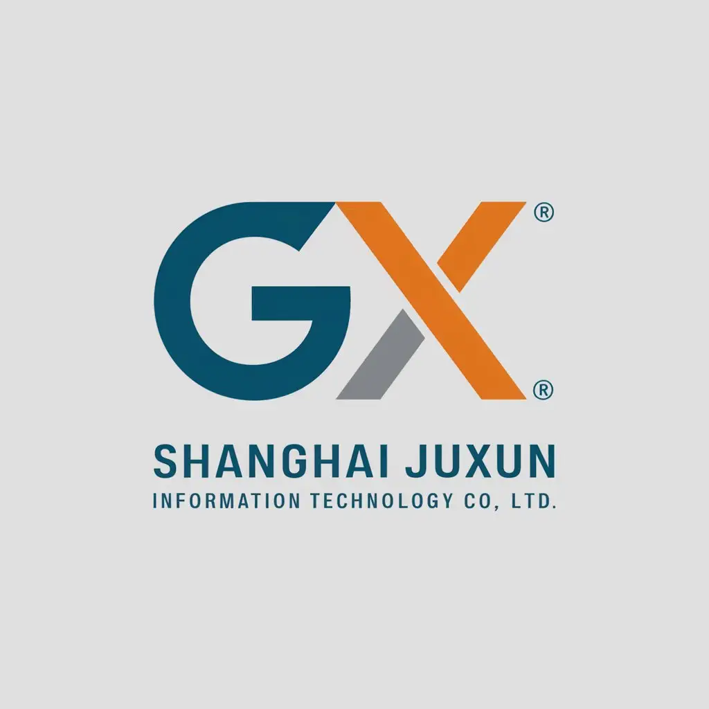 a vector logo design,with the text "Shanghai Juxun Information Technology Co., Ltd.", main symbol:GX letter transformation combination Communication Technology Company Network Company Gray orange blue as the main color,Minimalistic,clear background