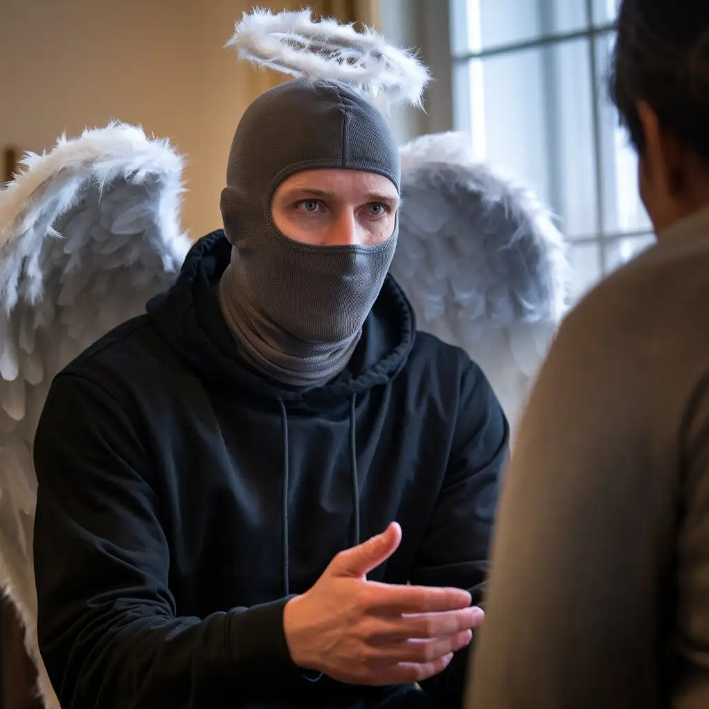 AngelFaced-Man-in-Balaclava-and-Hoodie-Communicating-with-Human