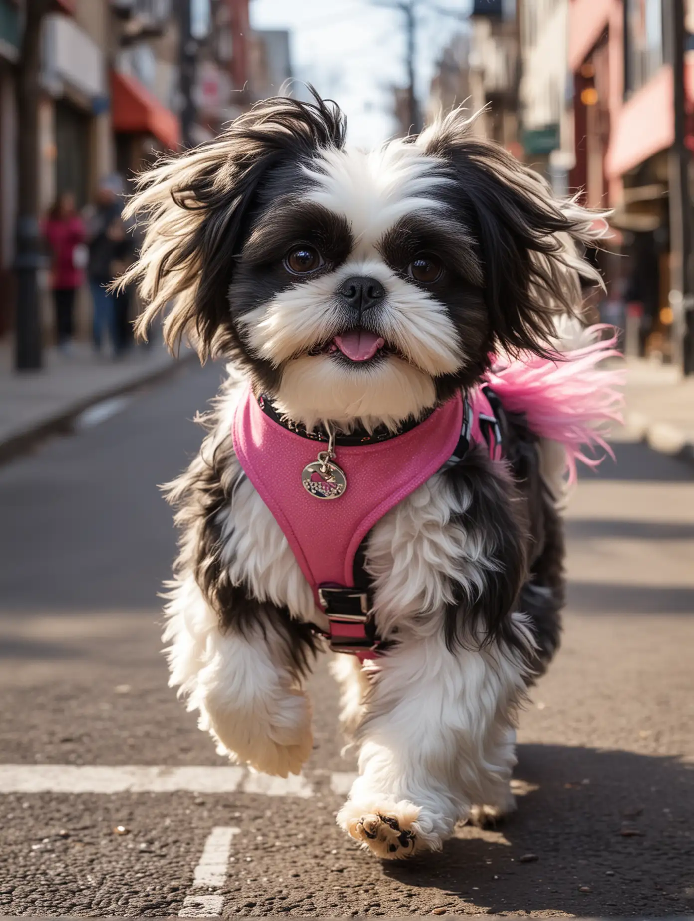 Energetic-Black-and-White-Shih-Tzu-Running-Down-Vibrant-City-Street