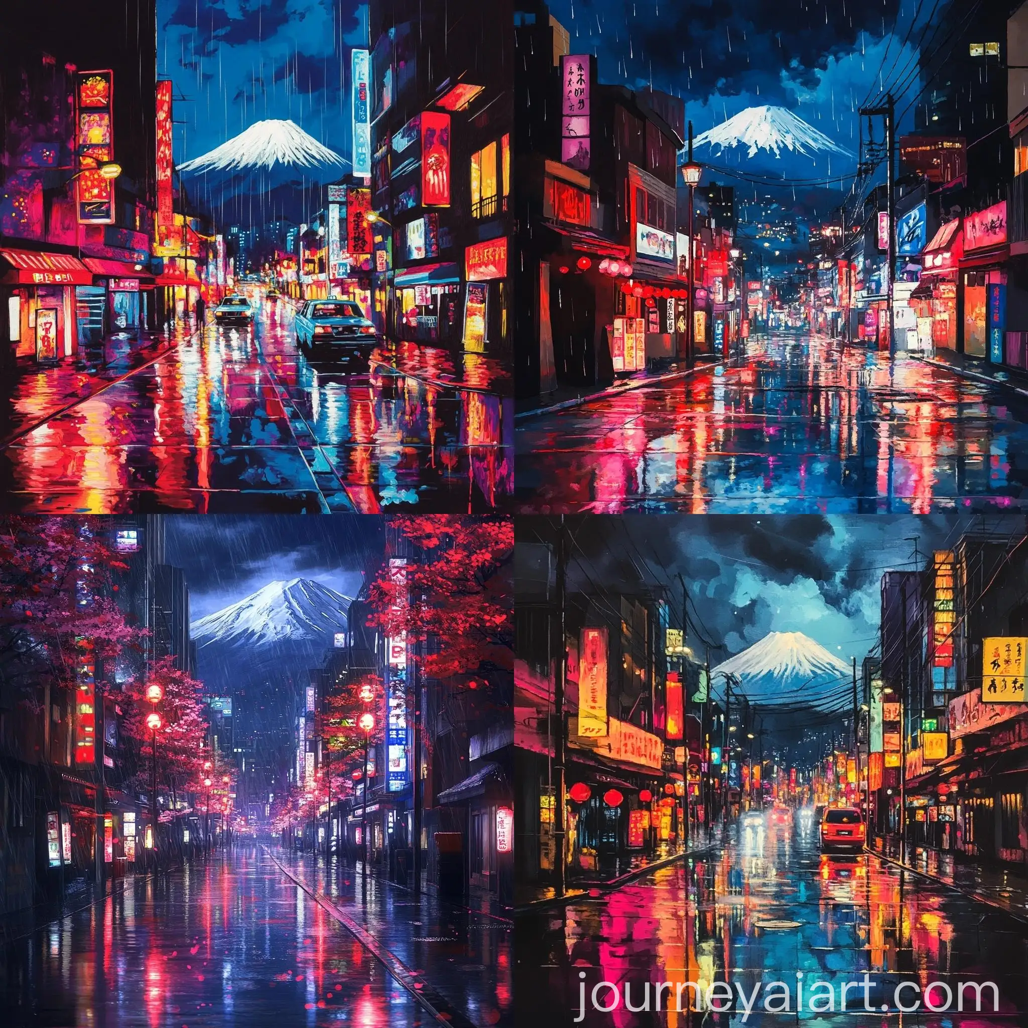 Japanese-Cityscape-at-Night-with-Mount-Fuji-in-Distance
