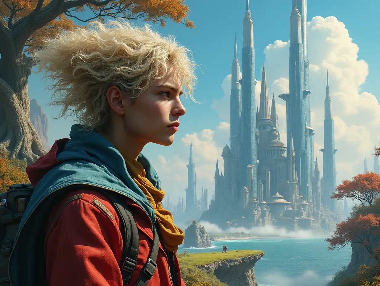 ultradetailed hyperrealistic portrait  Multiversum time traveler with various strange huge futuristic glass towers, wide trees  The elaborately detailed, colorful with a riere utopian , in the background utopian towers   and sea