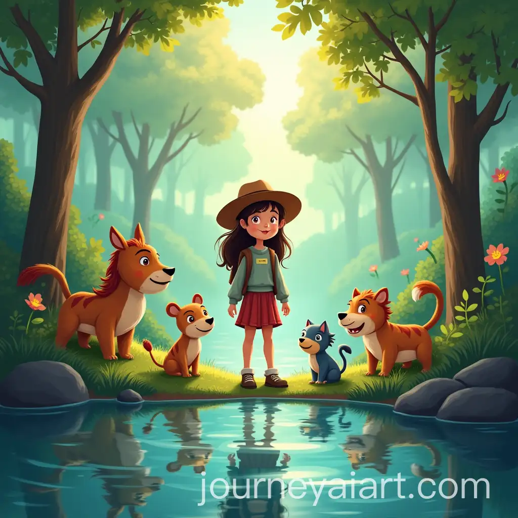 Young-Explorer-with-Animal-Friends-in-a-Bright-Forest-by-a-Lagoon