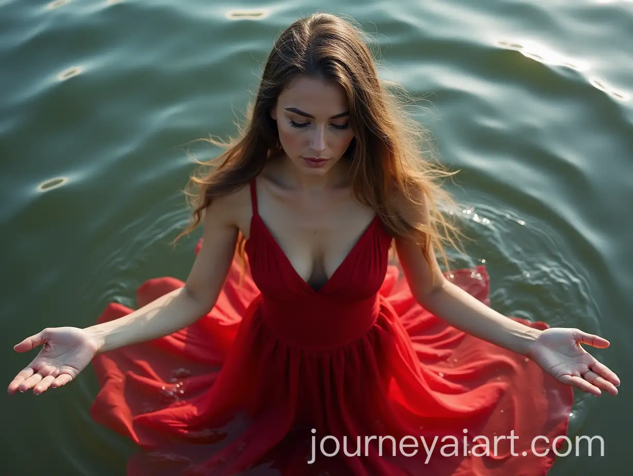 Elegant-Woman-in-Red-Dress-with-Flowing-Water-and-Eyes-Closed