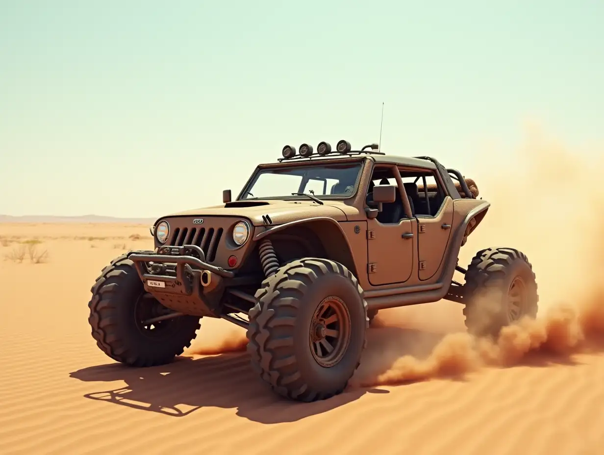 Create a photorealistic image of a puggy in the desert with tires stirring up dust  Cyberpunk