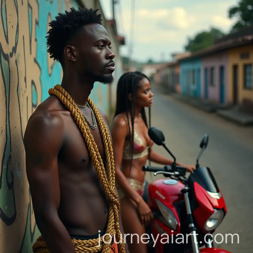 Urban-Scene-with-Black-Man-Red-Motorcycle-and-Favela-Woman