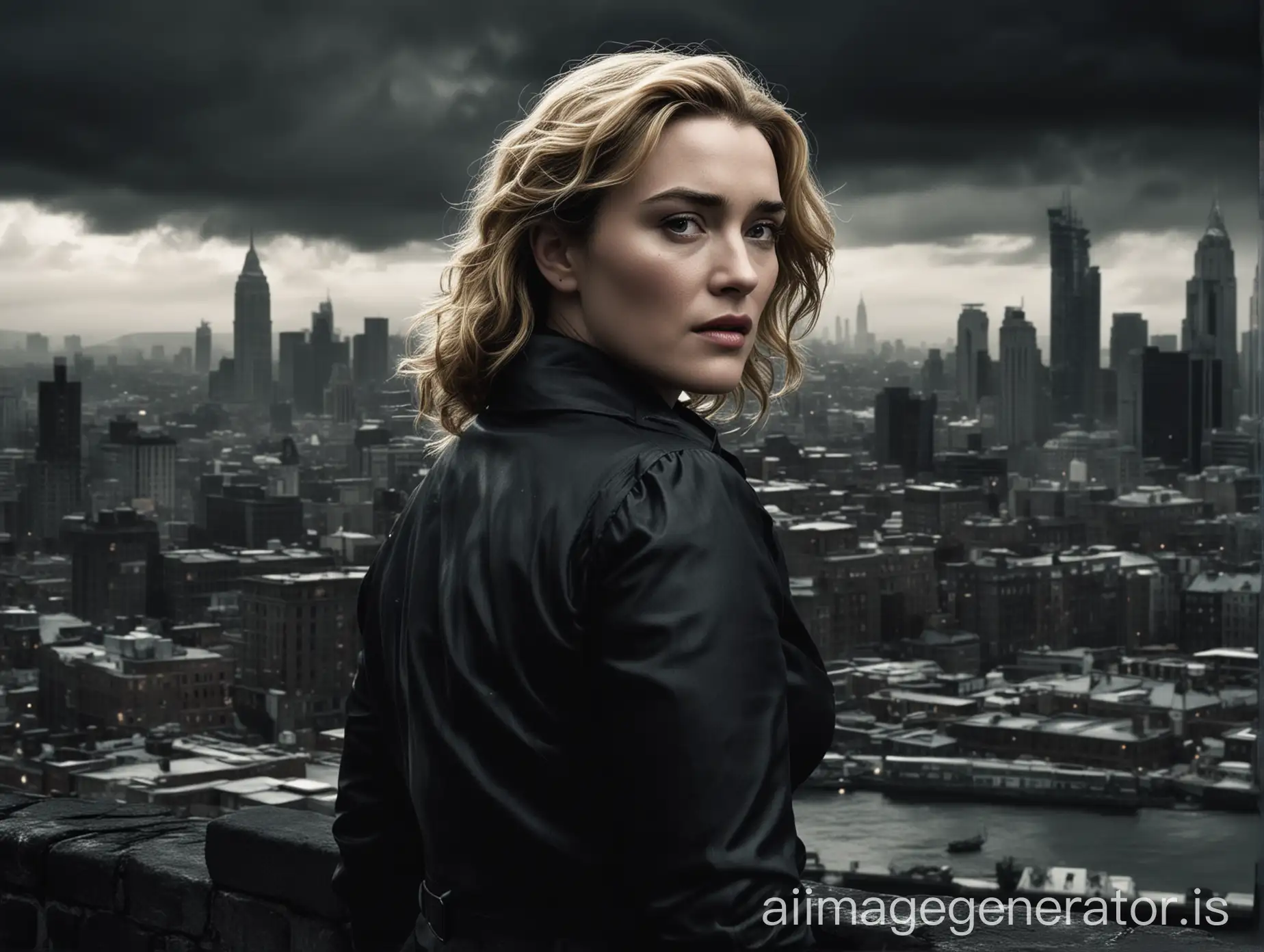 An intense movie poster featuring a dramatic and emotional Kate Winslet, starring as the leading character, Lee. She is wearing a stylish and elegant outfit, with a somber and reflective expression. The background is a dark and moody urban landscape, with a city skyline silhouetted against a stormy sky. The overall tone of the poster is mysterious and thought-provoking, hinting at a powerful performance from Winslet.