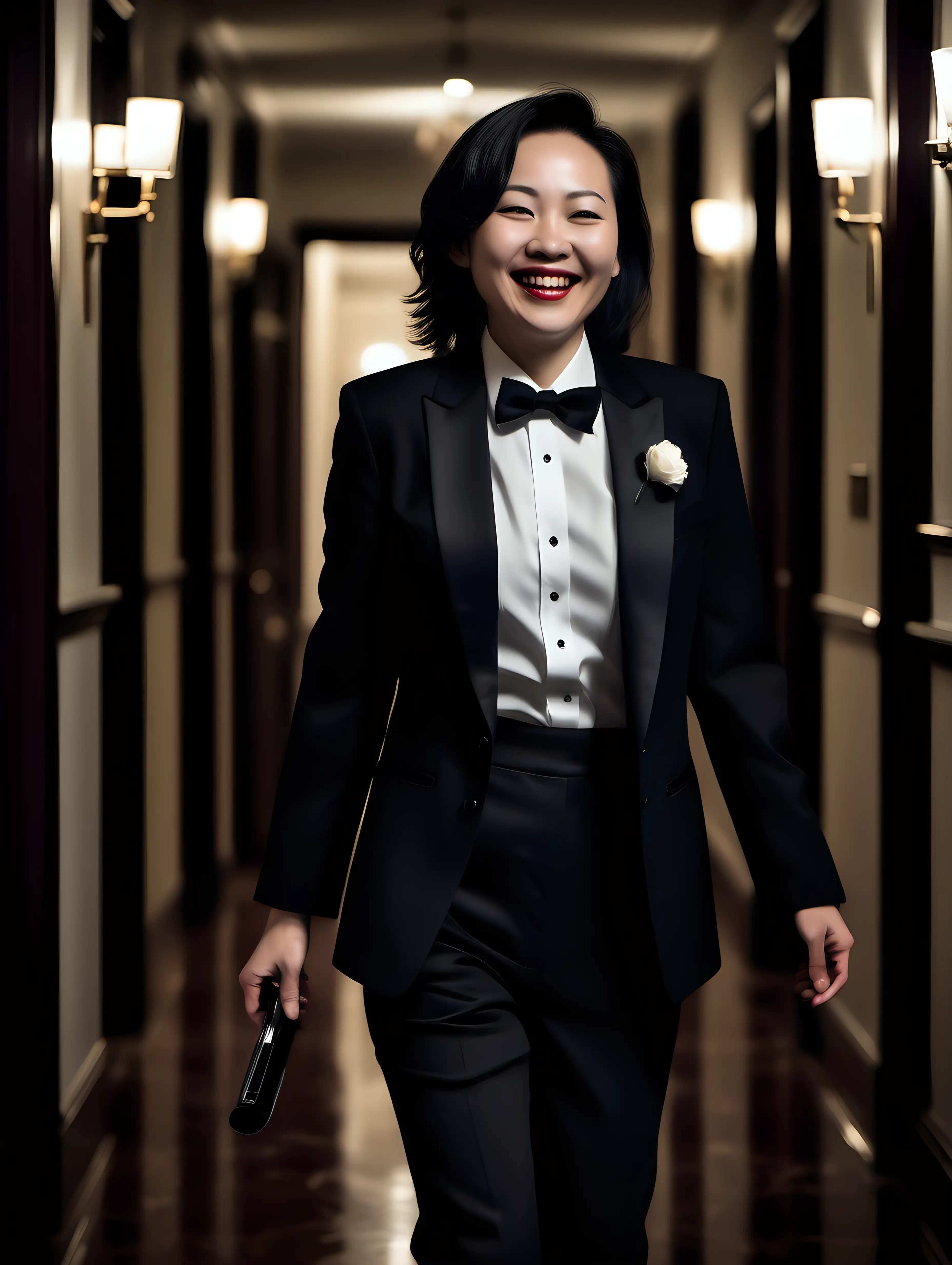 Smiling-Chinese-Woman-in-Elegant-Tuxedo-Walking-Down-Mansion-Hallway-at-Night