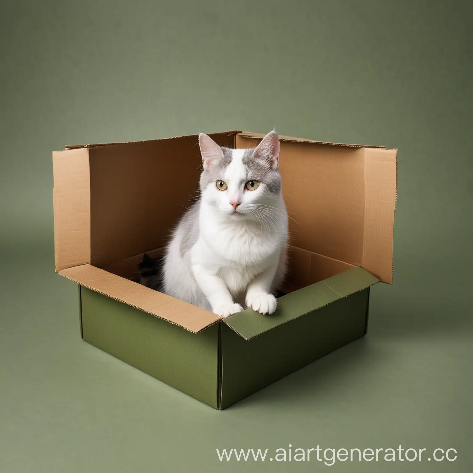 White-and-Gray-Cat-Playfully-Hiding-in-a-Box-on-Army-Green-Background