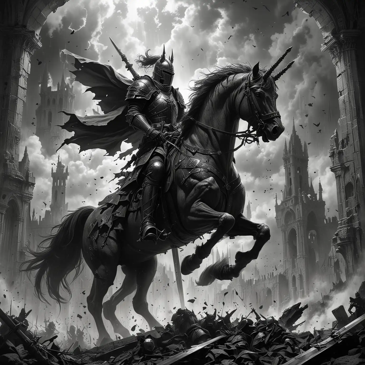 Black and white Gothic comic style with precise lines and strong shadow depiction. A black-robed magic knight wielding a large sword, riding a heavily armored unicorn. The scene is set in a battlefield ruin with smoke rising, dead soldiers lying around, weapons scattered, and crows and vultures eyeing the fallen. The view is a dramatic low-angle with a large perspective background