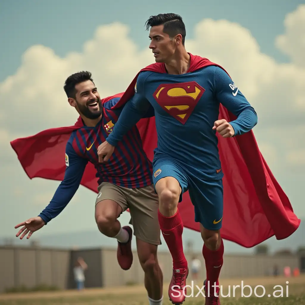 Cristiano Ronaldo is wearing Superman's outfit and is saving Leo Messi from falling.