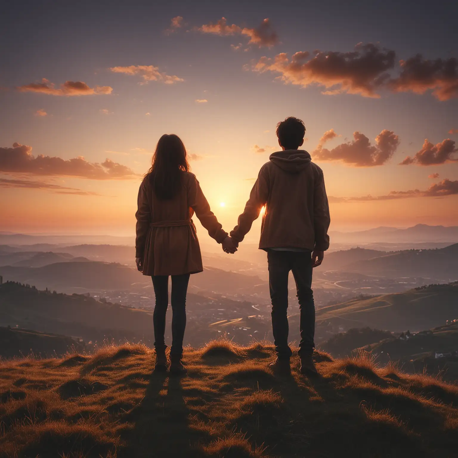 create an image of a boy and a girl at dawn standing on top of a hill holding hands looking at the horizon