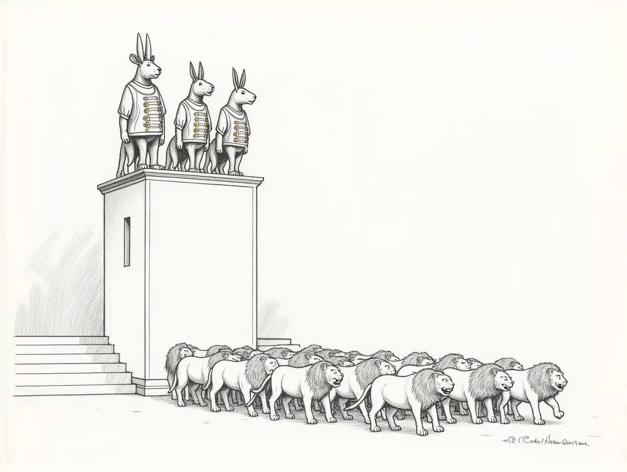 High tribune, on the tribune there are a ram, a donkey and a hare in rich uniforms with numerous orders. Before the tribune march in neat rows lions, in simple alike uniforms. Style - pencil drawing.